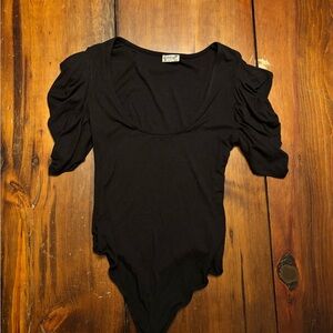 FP Movement by Free People Black Ruched Sleeve Bodysuit